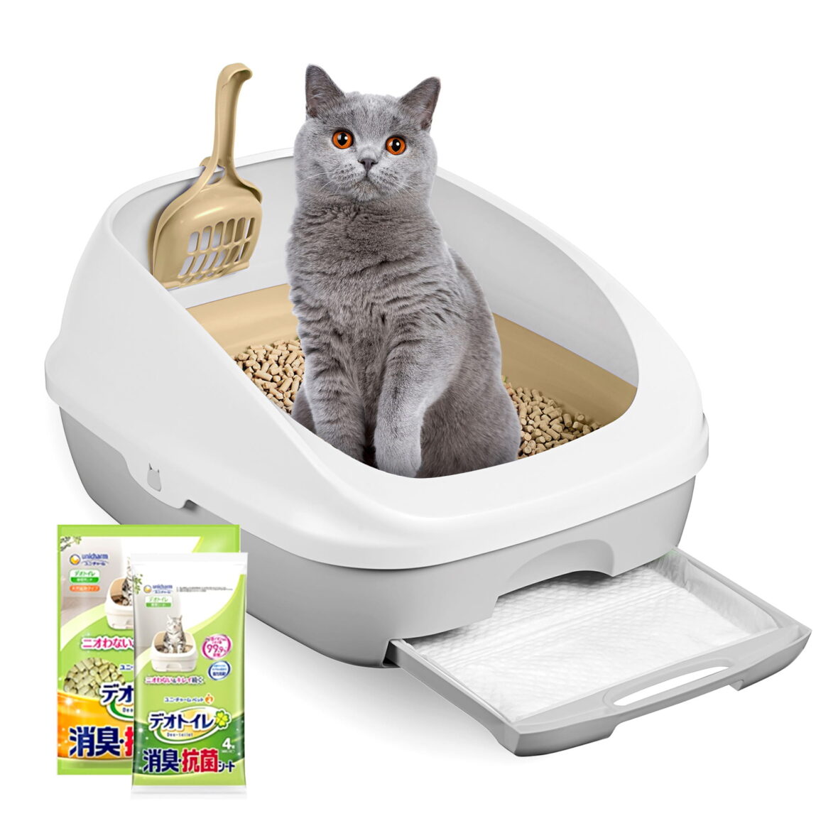 Классический двухуровневый кошачий туалет (комплект: лоток + гранулы 1,6 кг + 4 пеленки) Оригинальная версия Tidy Cats Breeze cat litter box из Японии (Японский кошачий туалет)