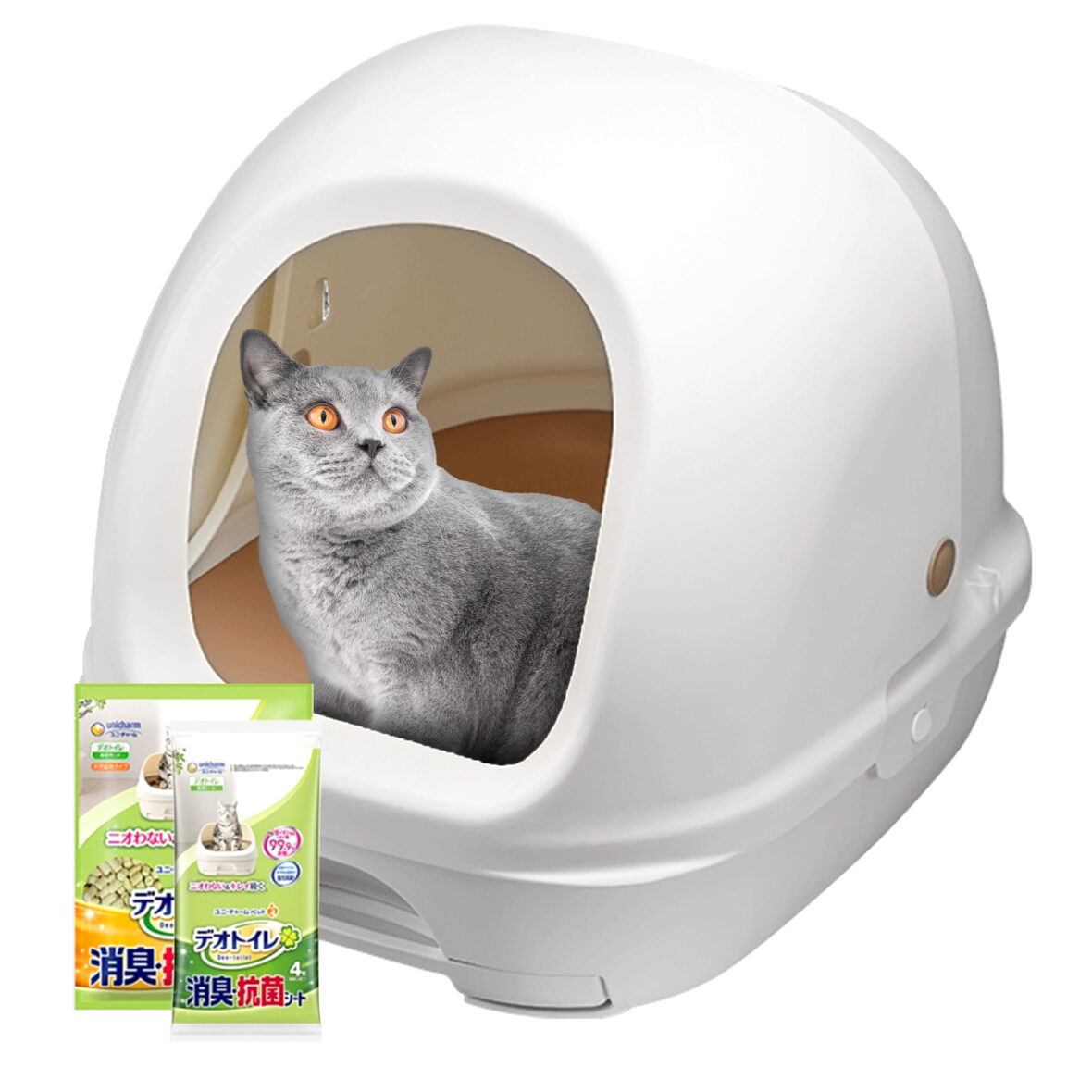 Закрытый двухуровневый кошачий туалет (комплект: лоток + гранулы 1,6 кг + 4 пеленки) Оригинальная версия Hooded Tidy Cats Breeze cat litter box из Японии (Японский кошачий туалет)