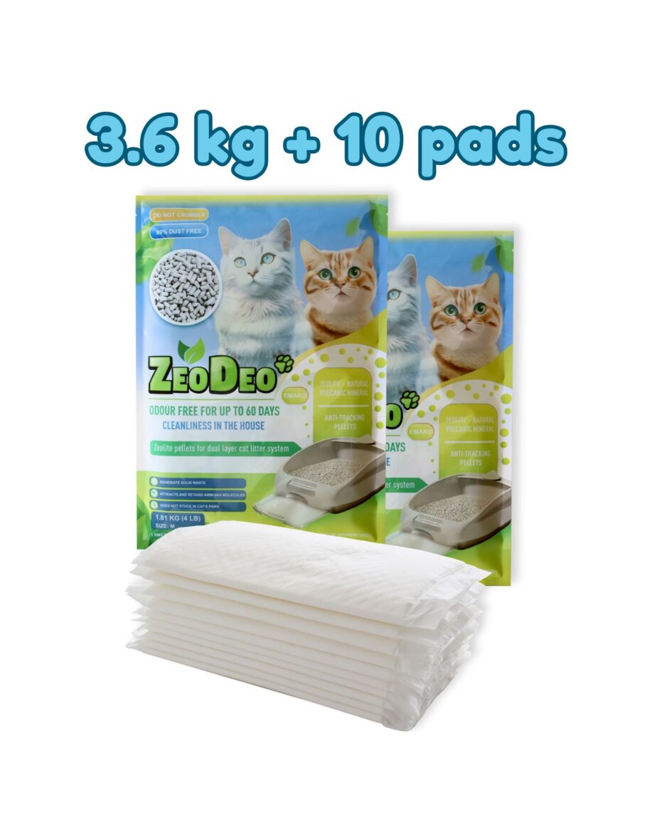 “ZeoDeo” Natural Zeolite Cat Litter Pellets 3.6 kg (8Lb) +10 pads Zeodeo