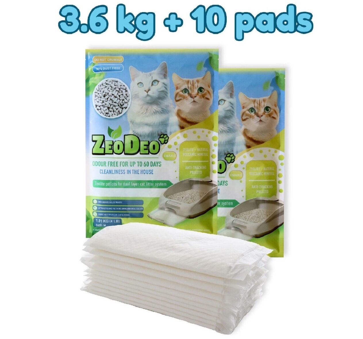 Zeolite Cat Litter Pellets “ZeoDeo” 3.6 kg (8Lb) + 10 pads