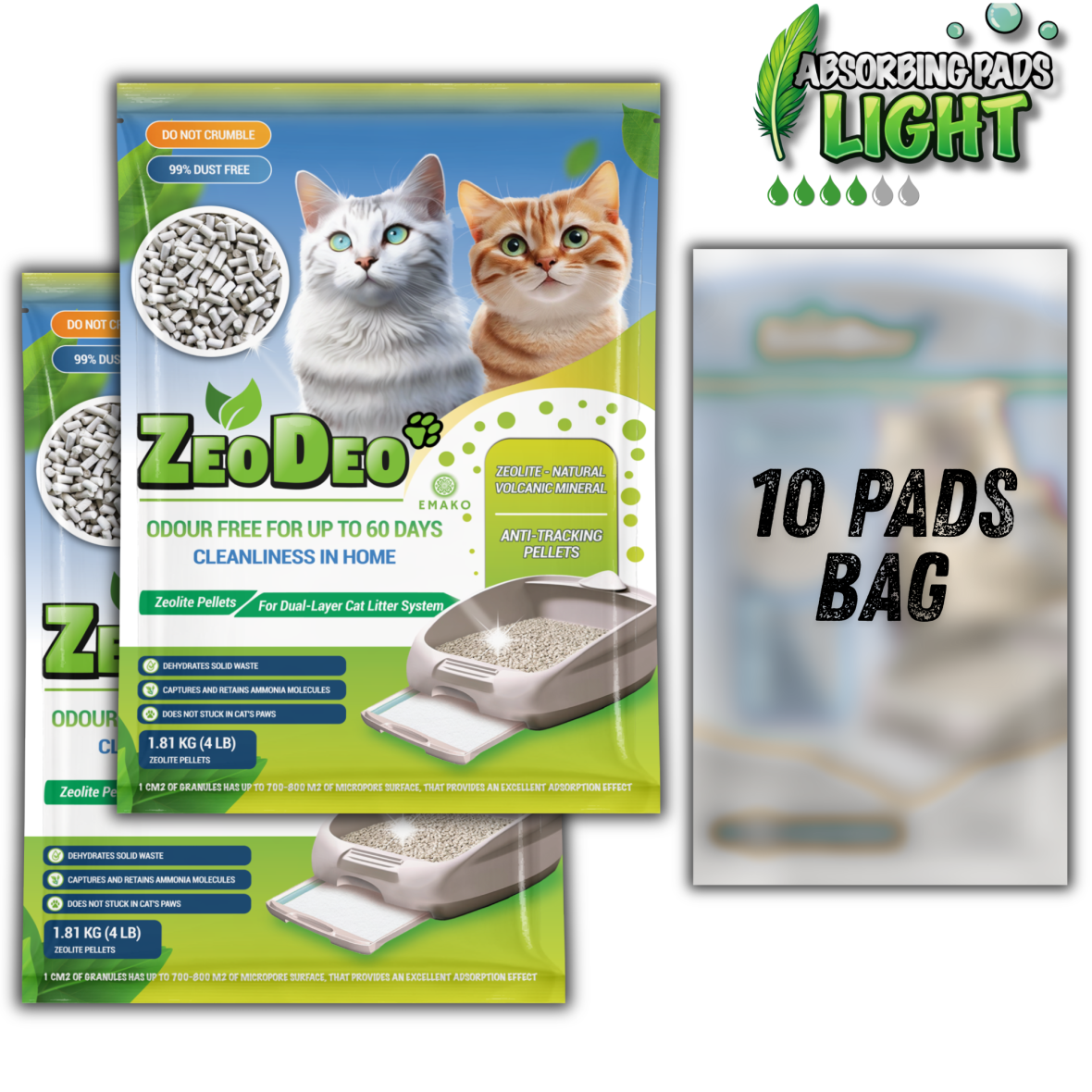 Zeolite Cat Litter Pellets 3.6kg (8Lb) +10 LIGHT pads